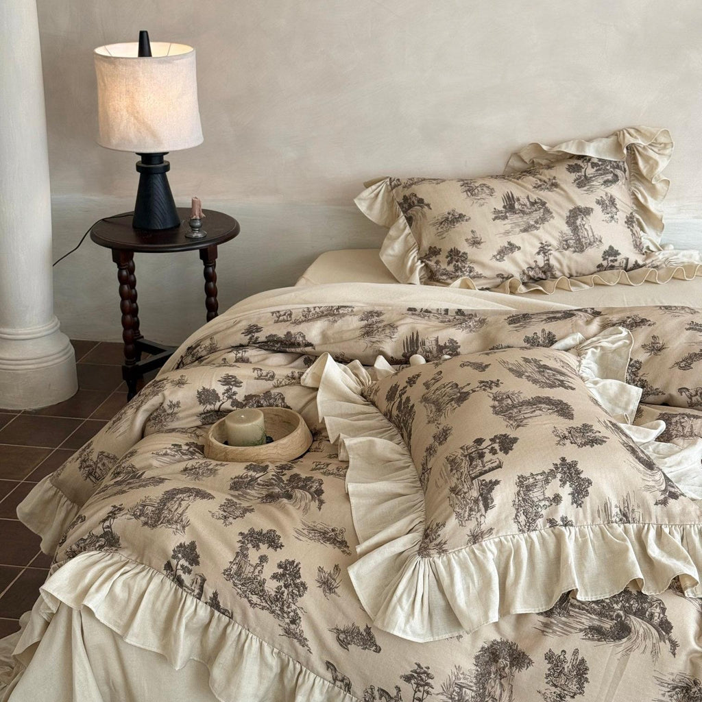 Willowbrook Toile Muslin Gauze Ruffle Bedding Set - Beige