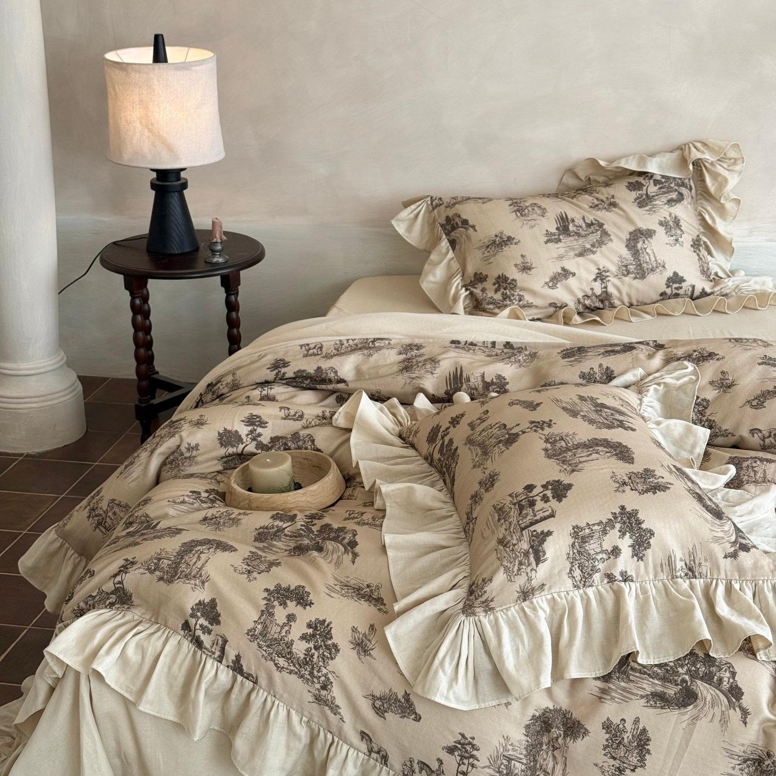 Willowbrook Toile Muslin Gauze Ruffle Bedding Set - Beige