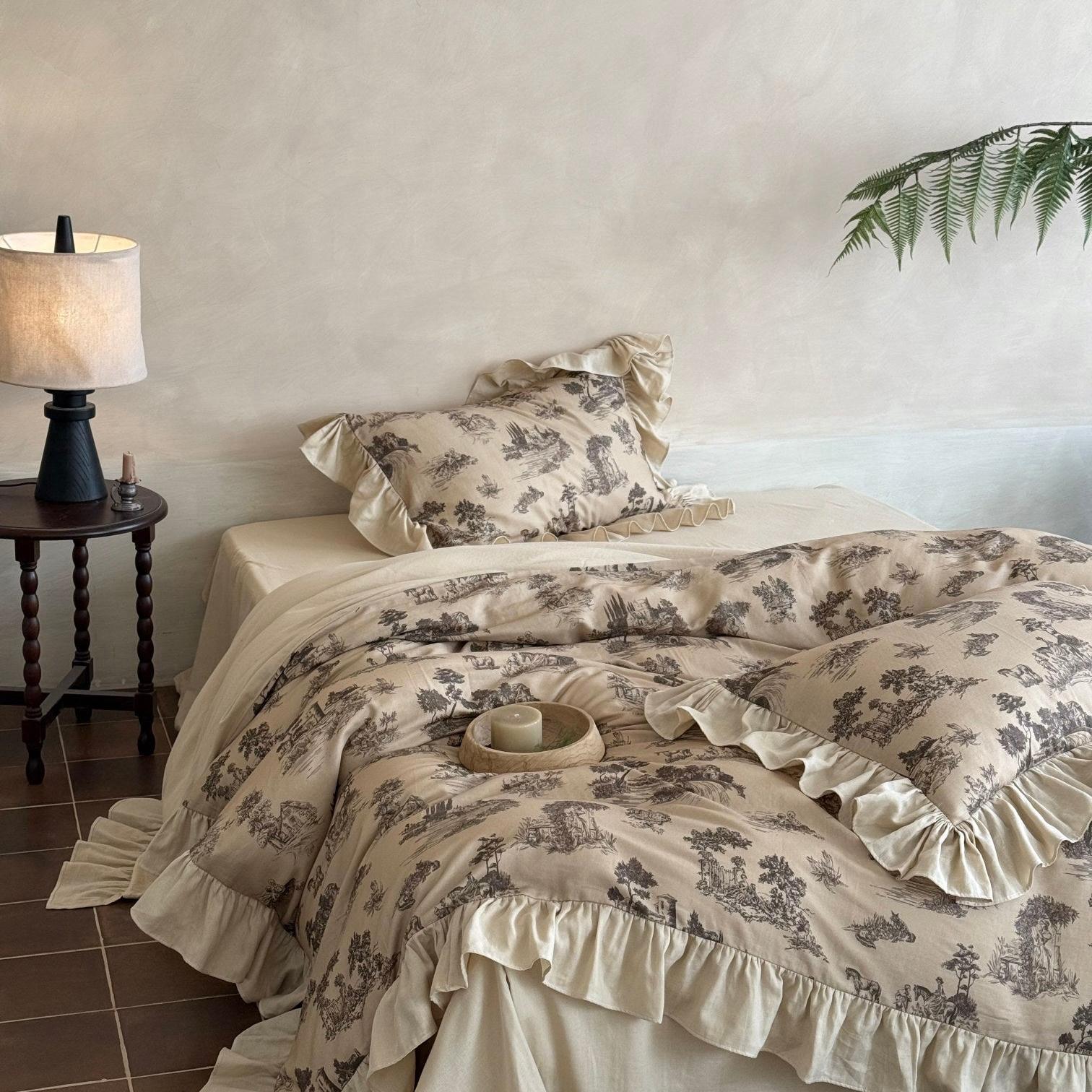 Willowbrook Toile Muslin Gauze Ruffle Bedding Set - Beige