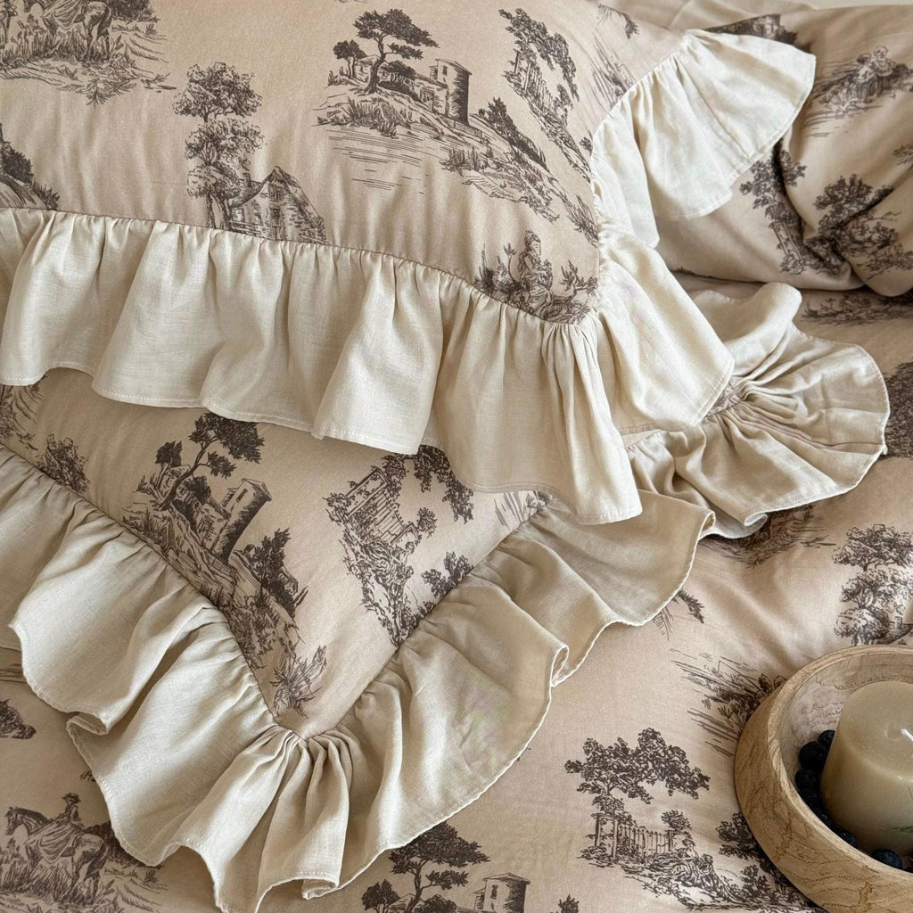 Willowbrook Toile Muslin Gauze Ruffle Bedding Set - Beige