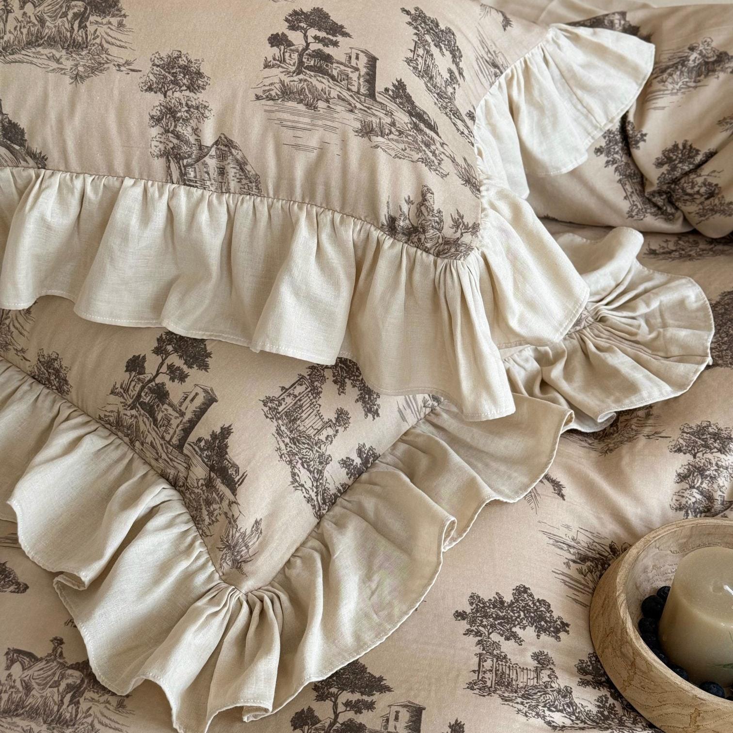 Willowbrook Toile Muslin Gauze Ruffle Bedding Set - Beige