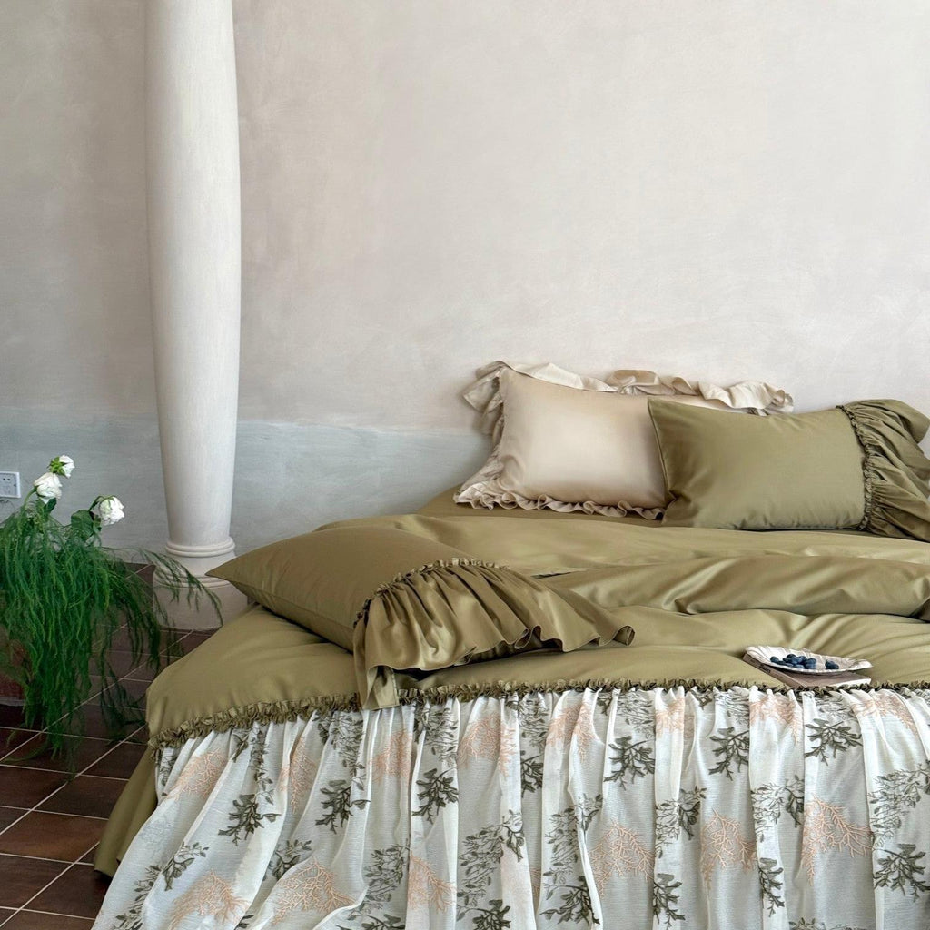 Sage Ruffle Embroidered Bedding Set