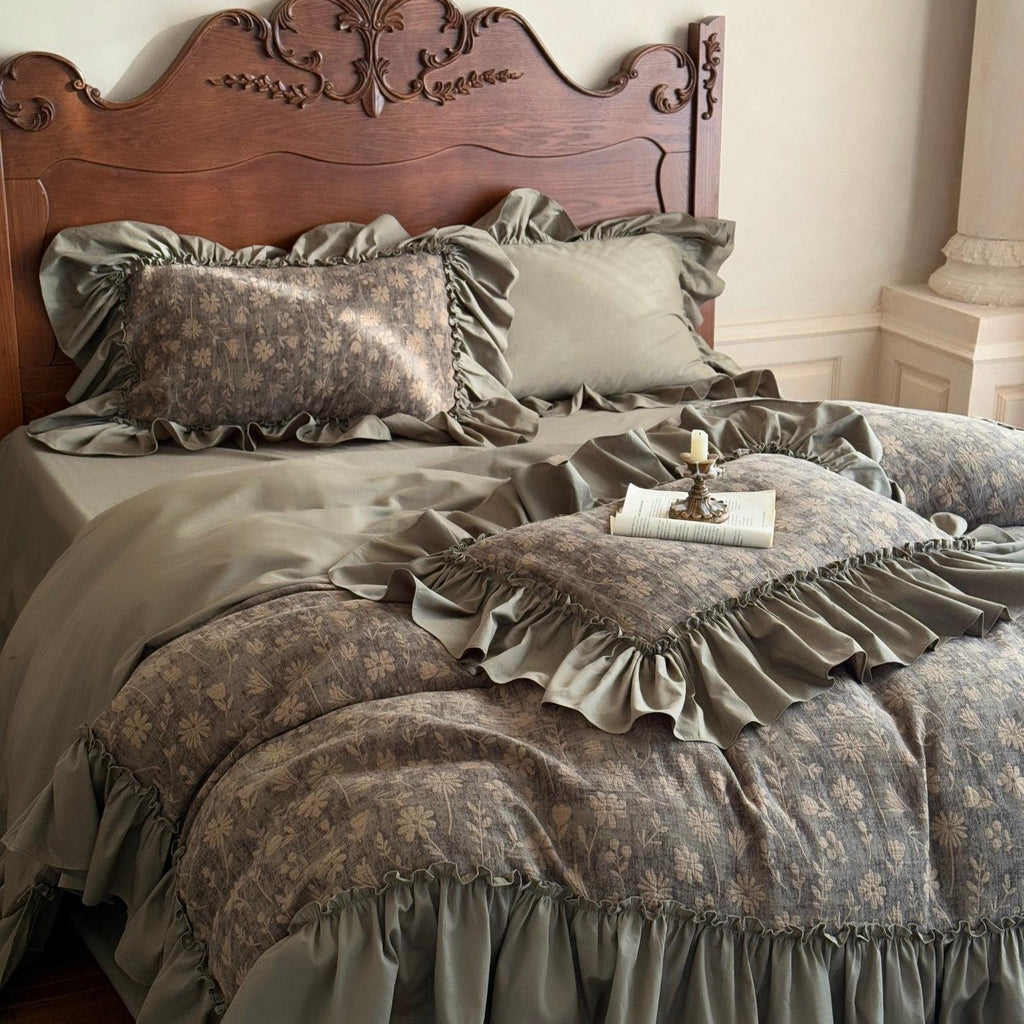 Muted Green Jacquard Ruffle Bedding Set