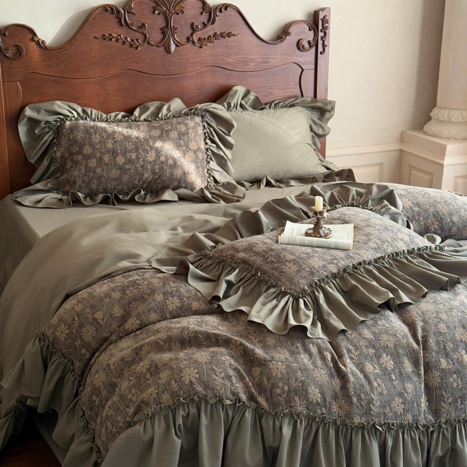 Muted Green Jacquard Ruffle Bedding Set
