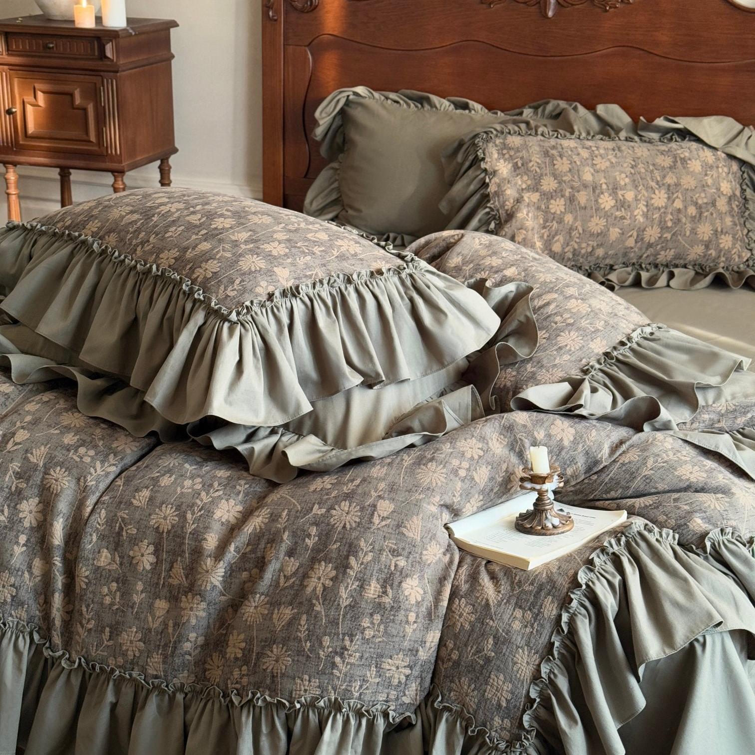 Muted Green Jacquard Ruffle Bedding Set
