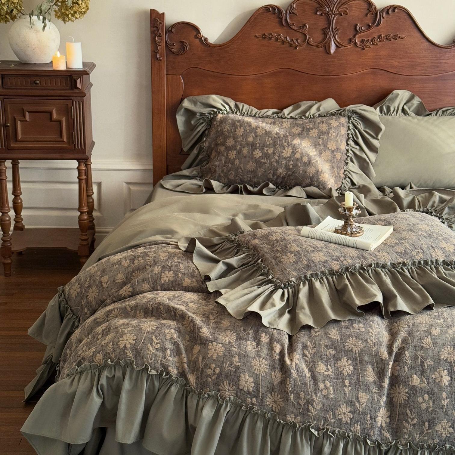 Muted Green Jacquard Ruffle Bedding Set