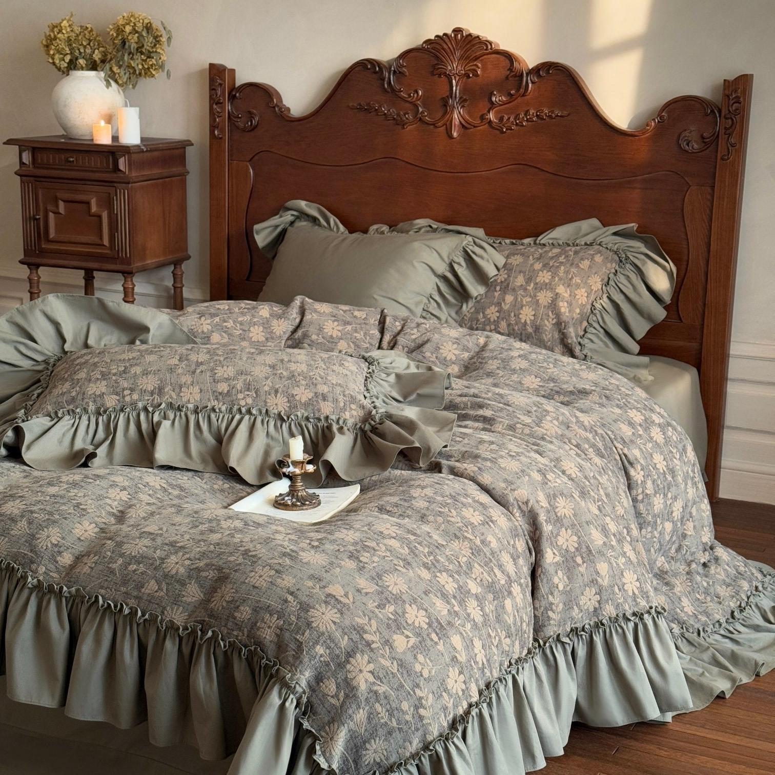 Muted Green Jacquard Ruffle Bedding Set