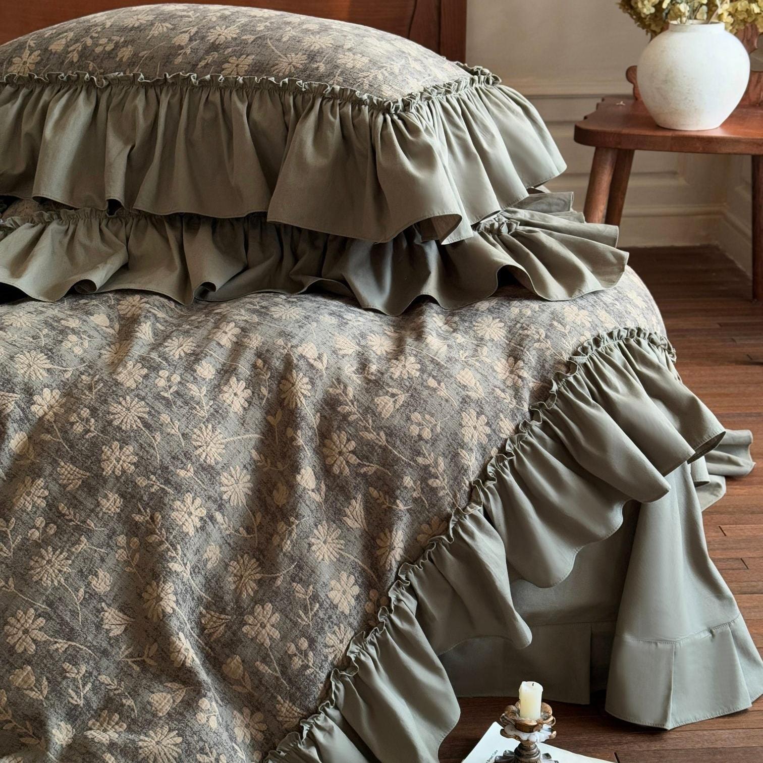 Muted Green Jacquard Ruffle Bedding Set