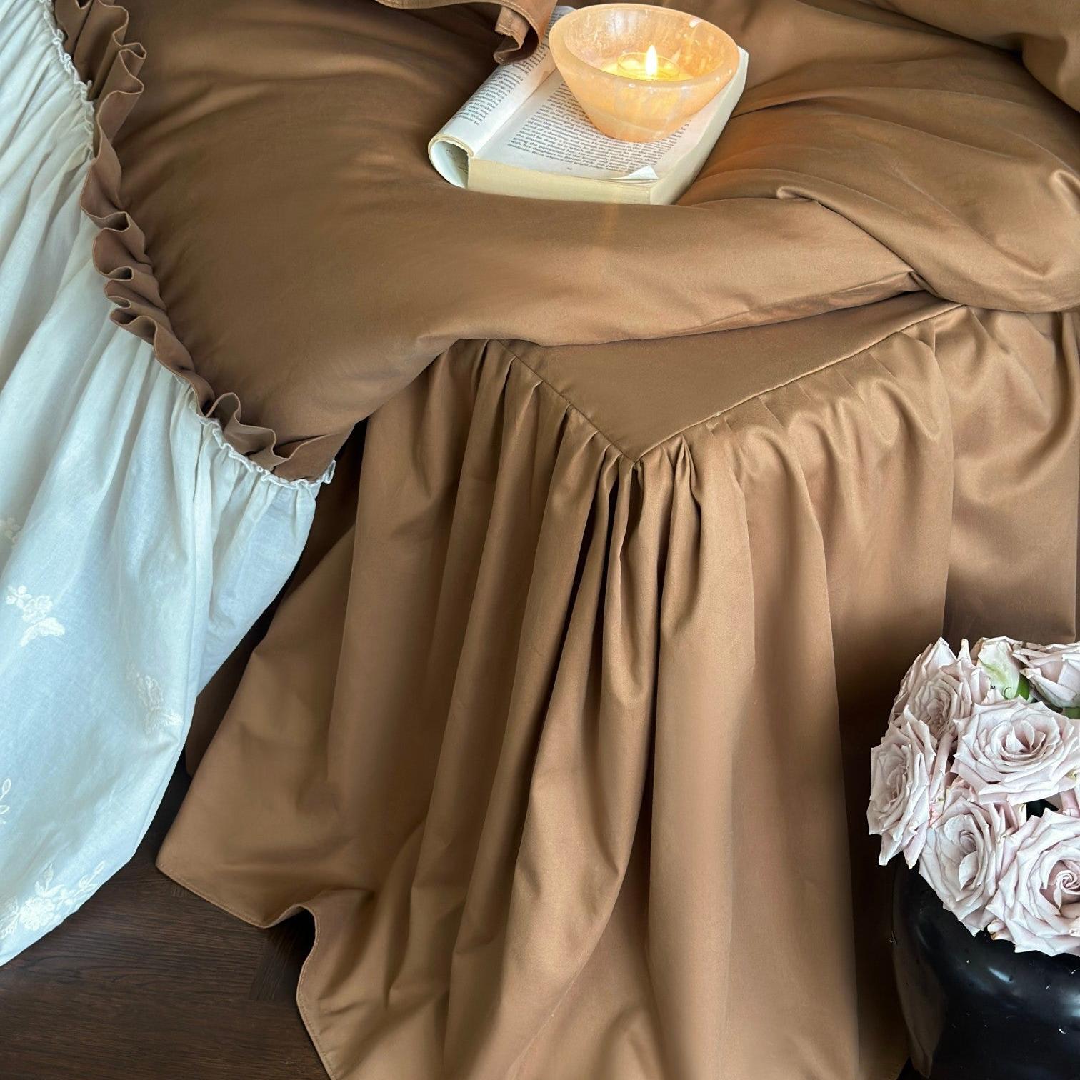 Earth-Tone Brushed Sateen Lace Ruffle Bedding Set