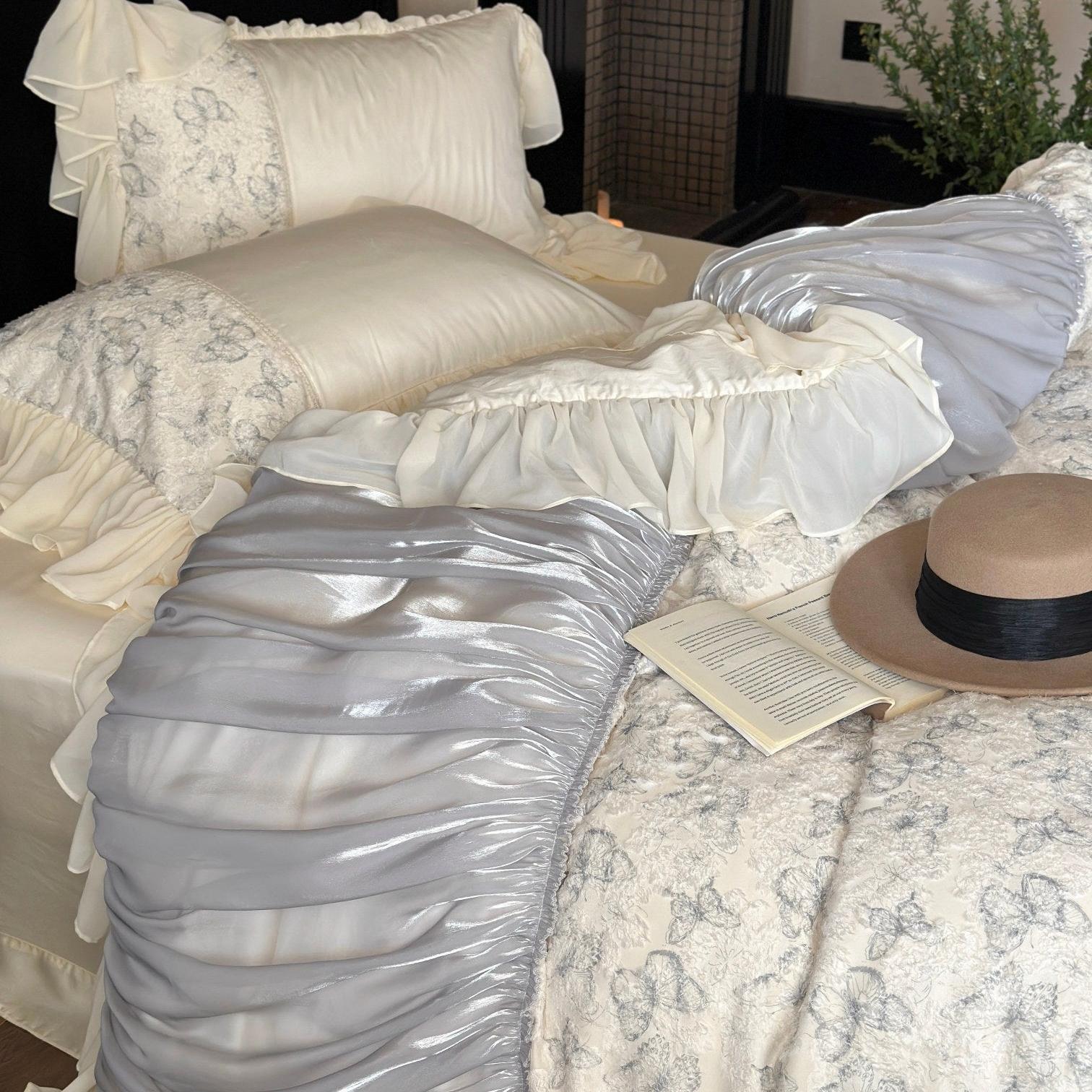 Butterfly Jacquard Cotton Sateen Ruched Ruffle Bedding Set