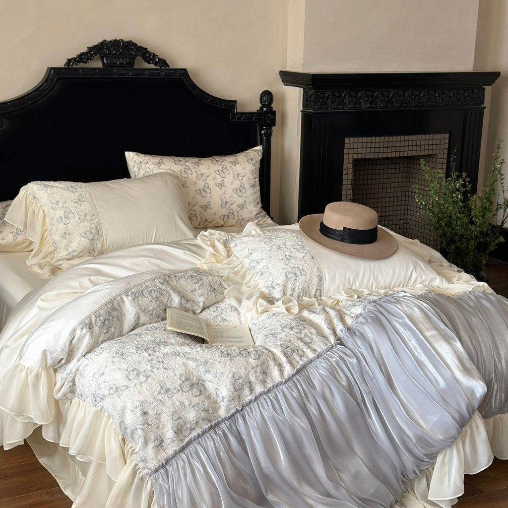 Butterfly Jacquard Cotton Sateen Ruched Ruffle Bedding Set