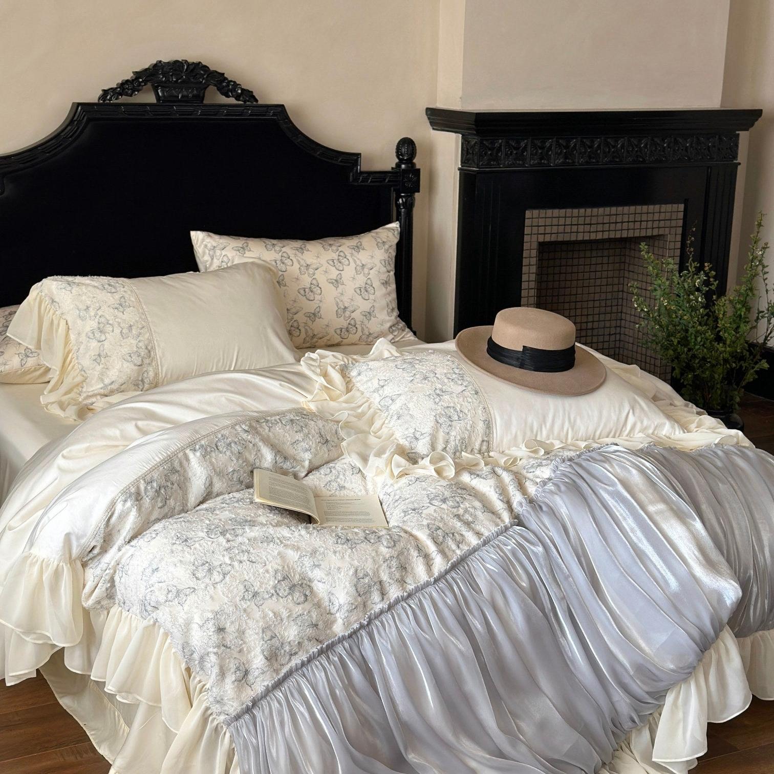 Butterfly Jacquard Cotton Sateen Ruched Ruffle Bedding Set